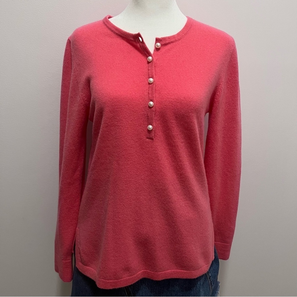 Cortland Park Pink Cashmere Sweater with Faux Pearl Buttons | Sz Sm|